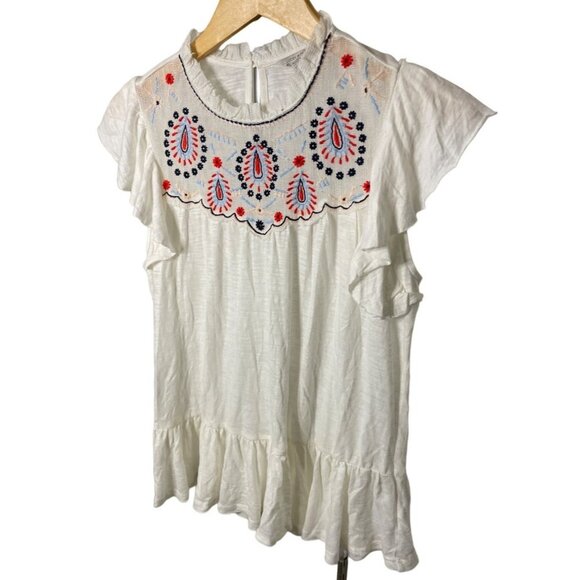 Lucky Brand Embroidered Flutter Sleeve Bohemian Tunic Top Sz XS - Picture 3 of 9